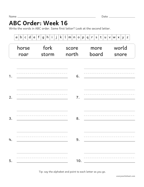 Preview of the printable “ABC Order: week 16 (or, ore and oar)” worksheet: putting spelling words in ABC order to the second letter