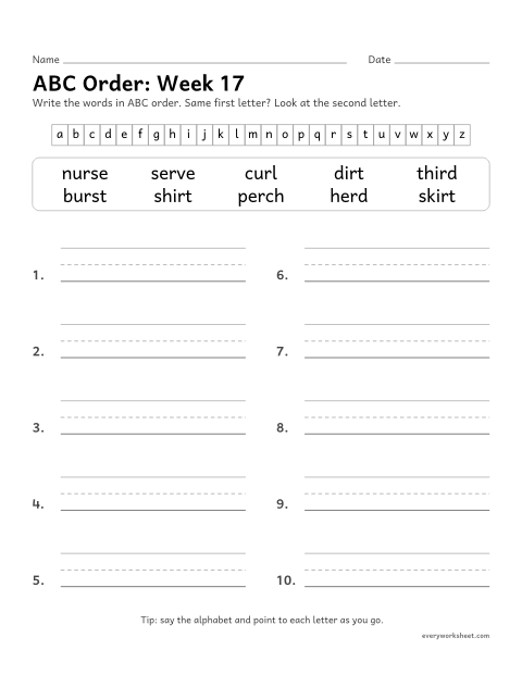 Preview of the printable “ABC Order: week 17 (er, ir and ur)” worksheet: putting spelling words in ABC order to the second letter