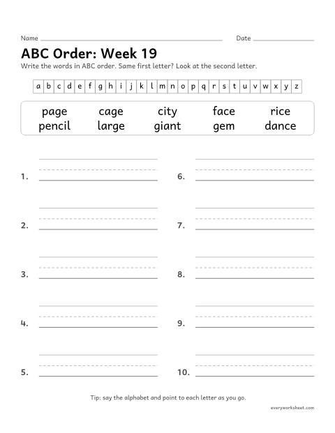 Preview of the printable “ABC Order: week 19 (Soft c and soft g)” worksheet: putting spelling words in ABC order to the second letter