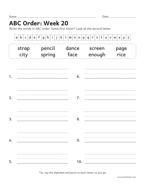 Preview of the printable “ABC Order: week 20 (Three-letter blends: scr, spr, str)” worksheet: putting spelling words in ABC order to the second letter