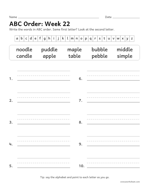 Preview of the printable “ABC Order: week 22 (Words with -le)” worksheet: putting spelling words in ABC order to the second letter