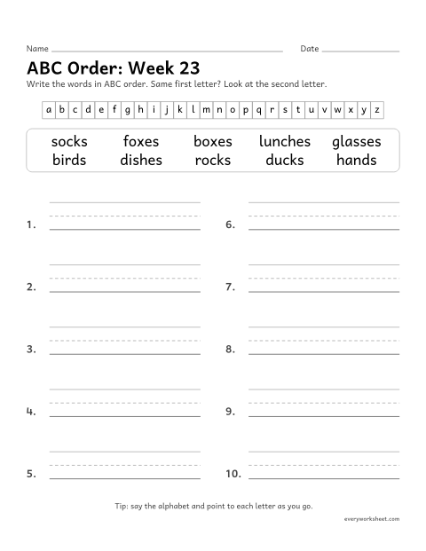 Preview of the printable “ABC Order: week 23 (Plurals: -s and -es)” worksheet: putting spelling words in ABC order to the second letter