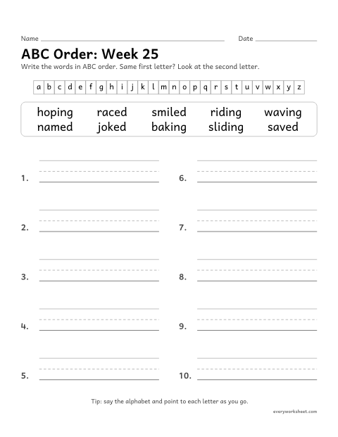 Preview of the printable “ABC Order: week 25 (Endings: drop the e)” worksheet: putting spelling words in ABC order to the second letter