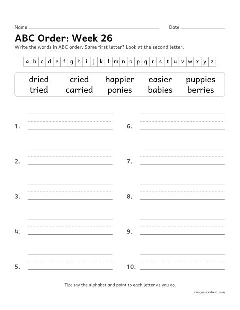 Preview of the printable “ABC Order: week 26 (Endings: change y to i)” worksheet: putting spelling words in ABC order to the second letter