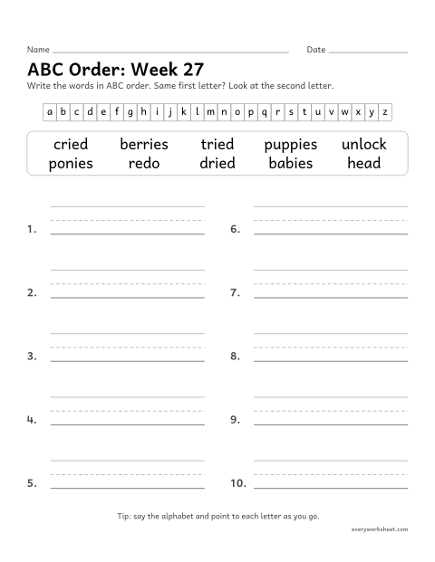 Preview of the printable “ABC Order: week 27 (Prefixes un- and re-)” worksheet: putting spelling words in ABC order to the second letter