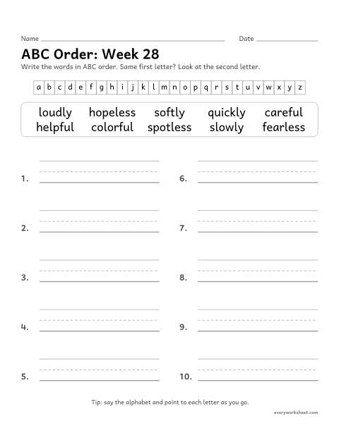 Preview of the printable “ABC Order: week 28 (Suffixes -ful, -less and -ly)” worksheet: putting spelling words in ABC order to the second letter