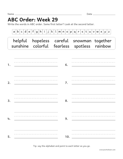 Preview of the printable “ABC Order: week 29 (Compound words)” worksheet: putting spelling words in ABC order to the second letter