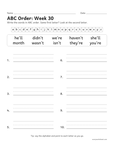 Preview of the printable “ABC Order: week 30 (Contractions)” worksheet: putting spelling words in ABC order to the second letter