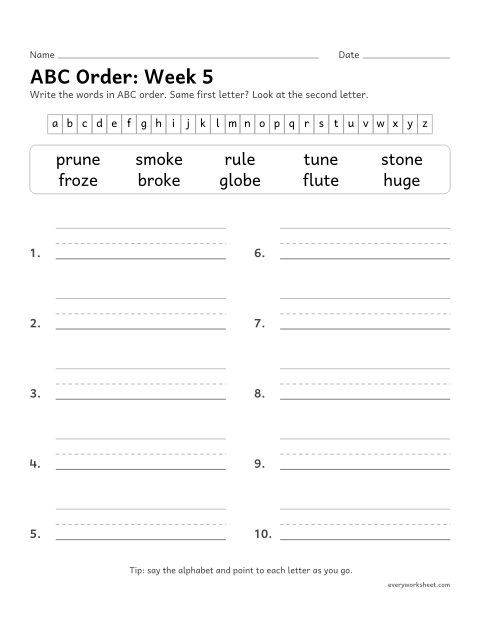 Preview of the printable “ABC Order: week 5 (Silent e: o_e and u_e)” worksheet: putting spelling words in ABC order to the second letter