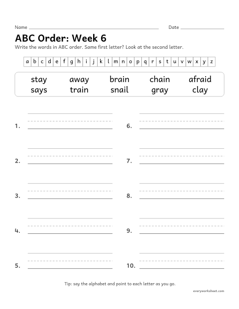 Preview of the printable “ABC Order: week 6 (Long a: ai and ay)” worksheet: putting spelling words in ABC order to the second letter