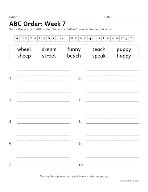 Preview of the printable “ABC Order: week 7 (Long e: ee, ea and y)” worksheet: putting spelling words in ABC order to the second letter