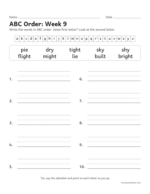 Preview of the printable “ABC Order: week 9 (Long i: igh, ie and y)” worksheet: putting spelling words in ABC order to the second letter