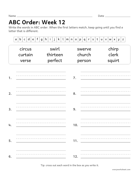 Preview of the printable “ABC Order: week 12 (er, ir and ur)” worksheet: putting spelling words in ABC order past the third letter