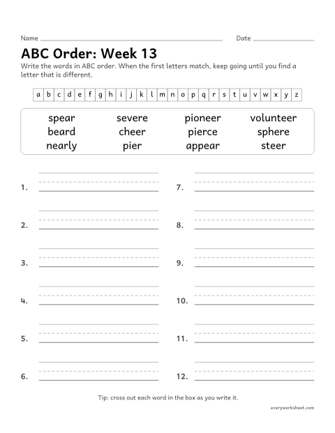 Preview of the printable “ABC Order: week 13 (ear, eer, ere and ier)” worksheet: putting spelling words in ABC order past the third letter
