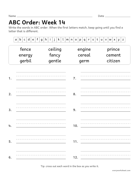 Preview of the printable “ABC Order: week 14 (Soft c and soft g)” worksheet: putting spelling words in ABC order past the third letter