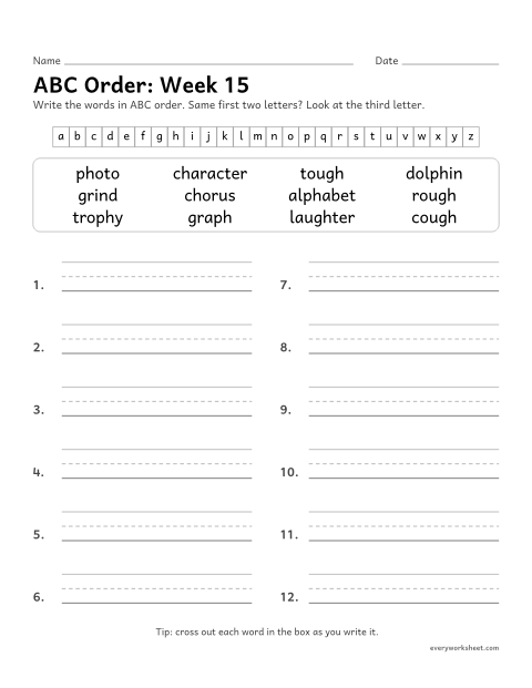 Preview of the printable “ABC Order: week 15 (ph, gh and ch)” worksheet: putting spelling words in ABC order to the third letter