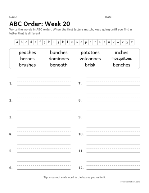 Preview of the printable “ABC Order: week 20 (Plurals: -es, -oes and -ves)” worksheet: putting spelling words in ABC order past the third letter