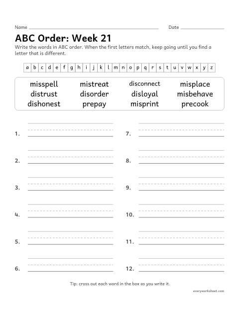 Preview of the printable “ABC Order: week 21 (Prefixes dis-, mis- and pre-)” worksheet: putting spelling words in ABC order past the third letter