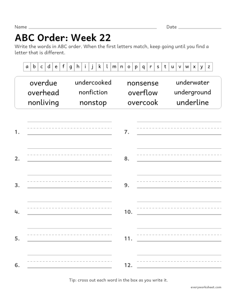 Preview of the printable “ABC Order: week 22 (Prefixes non-, over-, under- and sub-)” worksheet: putting spelling words in ABC order past the third letter
