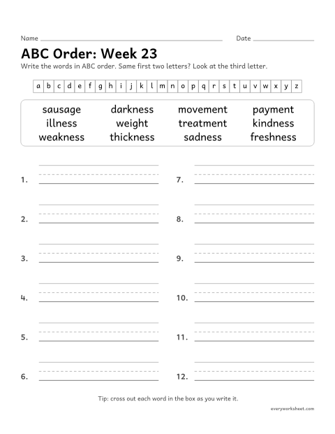 Preview of the printable “ABC Order: week 23 (Suffixes -ness and -ment)” worksheet: putting spelling words in ABC order to the third letter