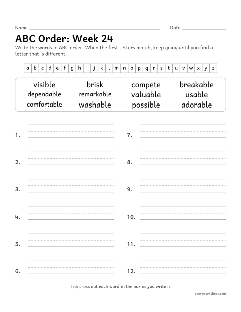 Preview of the printable “ABC Order: week 24 (Suffixes -able and -ible)” worksheet: putting spelling words in ABC order past the third letter