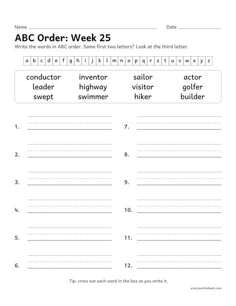 Preview of the printable “ABC Order: week 25 (Suffixes -er, -or and -ist)” worksheet: putting spelling words in ABC order to the third letter