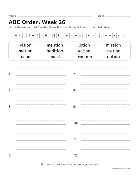 Preview of the printable “ABC Order: week 26 (Endings -tion and -sion)” worksheet: putting spelling words in ABC order to the third letter