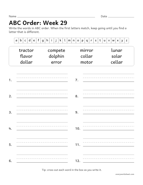 Preview of the printable “ABC Order: week 29 (Endings -ar, -or and -er)” worksheet: putting spelling words in ABC order past the third letter