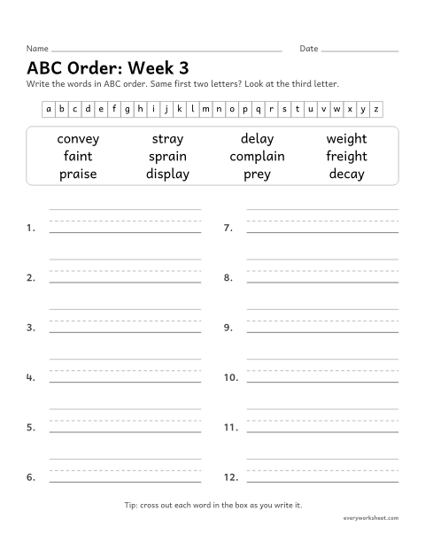 Preview of the printable “ABC Order: week 3 (Long a: ai, ay, eigh, ey)” worksheet: putting spelling words in ABC order to the third letter