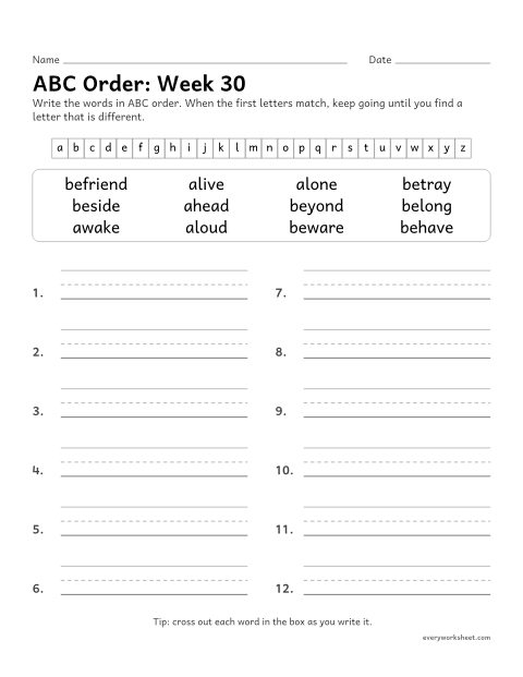Preview of the printable “ABC Order: week 30 (a- and be- at the start)” worksheet: putting spelling words in ABC order past the third letter