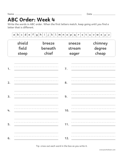 Preview of the printable “ABC Order: week 4 (Long e: ee, ea, ie, ey)” worksheet: putting spelling words in ABC order past the third letter