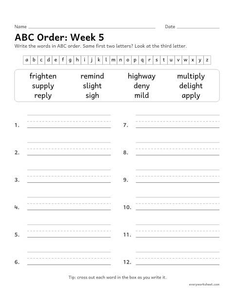 Preview of the printable “ABC Order: week 5 (Long i: igh, y, i)” worksheet: putting spelling words in ABC order to the third letter