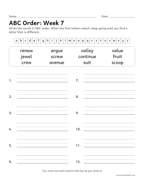Preview of the printable “ABC Order: week 7 (ue, ew, ui and oo)” worksheet: putting spelling words in ABC order past the third letter