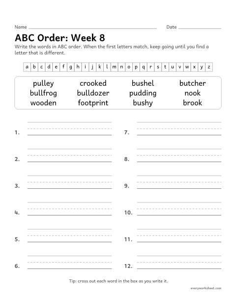 Preview of the printable “ABC Order: week 8 (oo and u as in book and push)” worksheet: putting spelling words in ABC order past the third letter