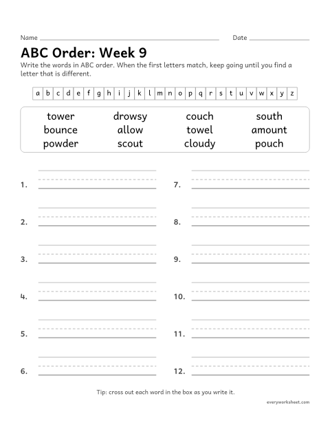 Preview of the printable “ABC Order: week 9 (ou and ow)” worksheet: putting spelling words in ABC order past the third letter
