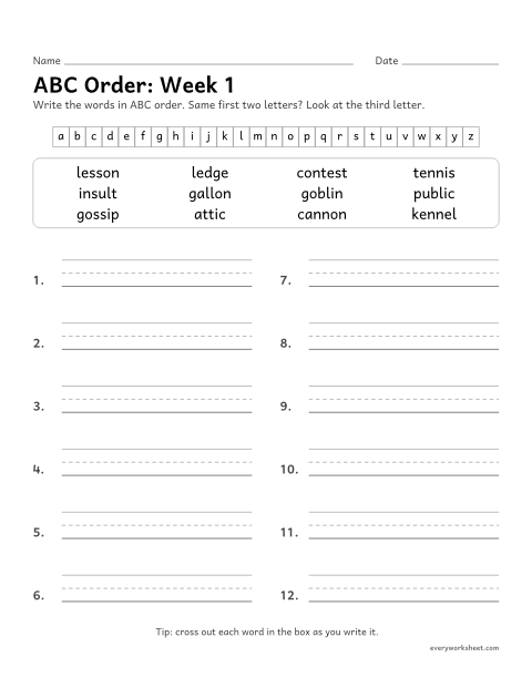 Preview of the printable “ABC Order: week 1 (Closed syllables)” worksheet: putting spelling words in ABC order to the third letter