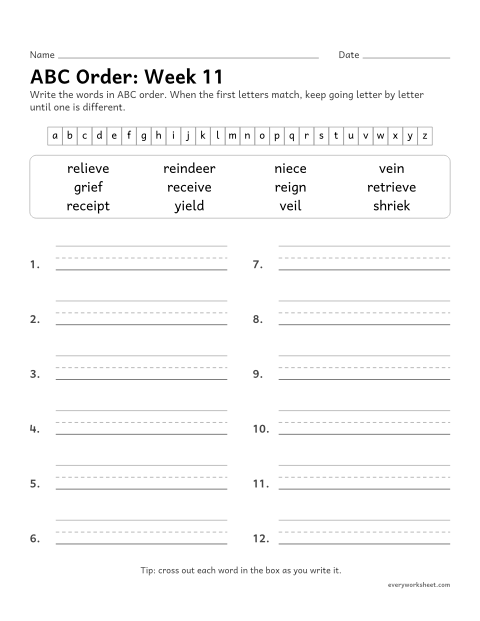 Preview of the printable “ABC Order: week 11 (ie and ei)” worksheet: putting spelling words in ABC order past the third letter