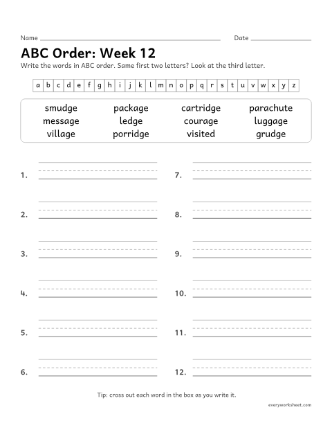 Preview of the printable “ABC Order: week 12 (Endings -age, -dge and -nge)” worksheet: putting spelling words in ABC order to the third letter