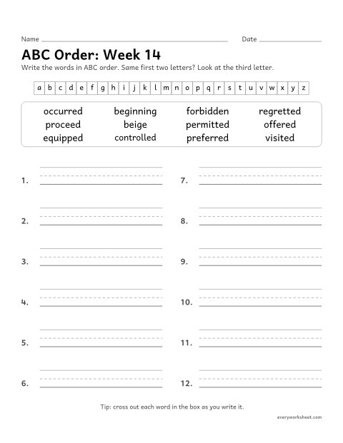 Preview of the printable “ABC Order: week 14 (Doubling in longer words)” worksheet: putting spelling words in ABC order to the third letter