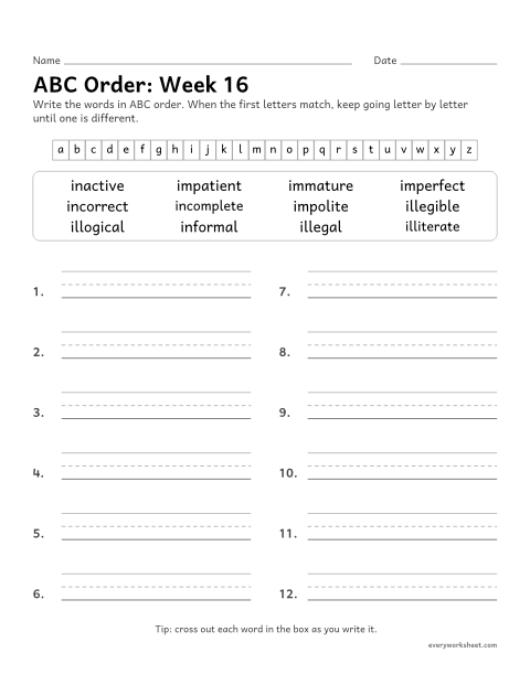 Preview of the printable “ABC Order: week 16 (Prefixes in-, im-, il- and ir-)” worksheet: putting spelling words in ABC order past the third letter