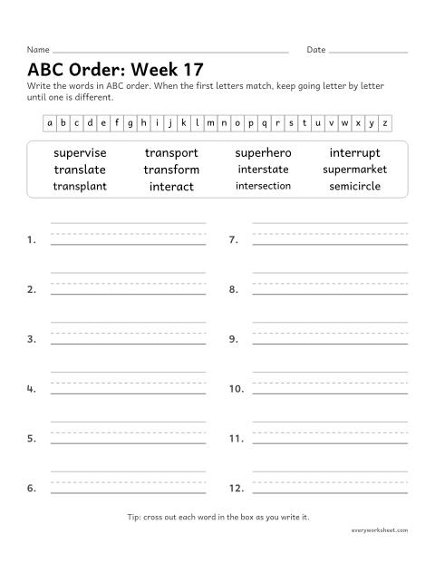 Preview of the printable “ABC Order: week 17 (Prefixes inter-, trans-, super- and semi-)” worksheet: putting spelling words in ABC order past the third letter
