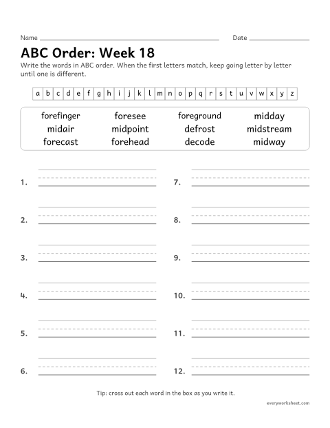 Preview of the printable “ABC Order: week 18 (Prefixes fore-, mid- and de-)” worksheet: putting spelling words in ABC order past the third letter