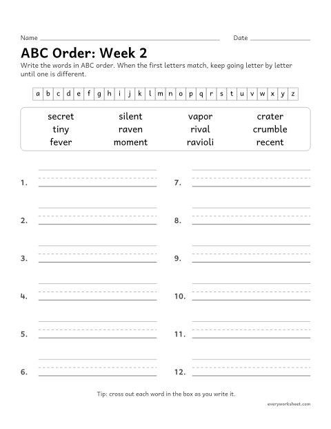 Preview of the printable “ABC Order: week 2 (Open syllables)” worksheet: putting spelling words in ABC order past the third letter