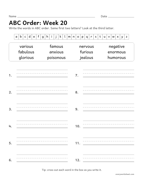 Preview of the printable “ABC Order: week 20 (Suffixes -ous and -ious)” worksheet: putting spelling words in ABC order to the third letter