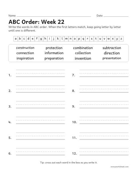 Preview of the printable “ABC Order: week 22 (Suffixes -tion and -ation)” worksheet: putting spelling words in ABC order past the third letter