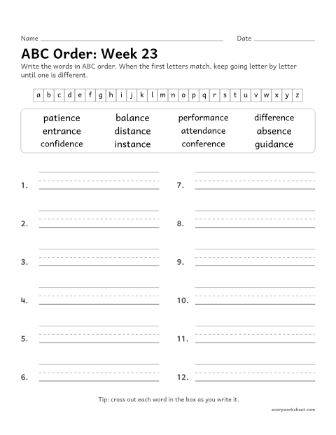Preview of the printable “ABC Order: week 23 (Endings -ance and -ence)” worksheet: putting spelling words in ABC order past the third letter