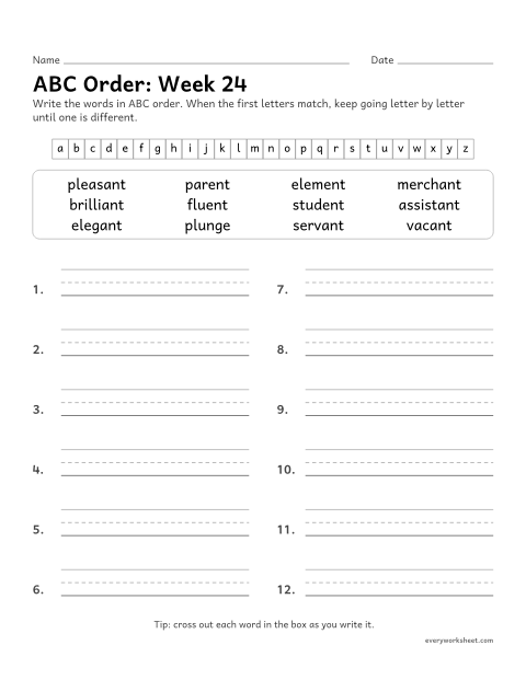 Preview of the printable “ABC Order: week 24 (Endings -ant and -ent)” worksheet: putting spelling words in ABC order past the third letter