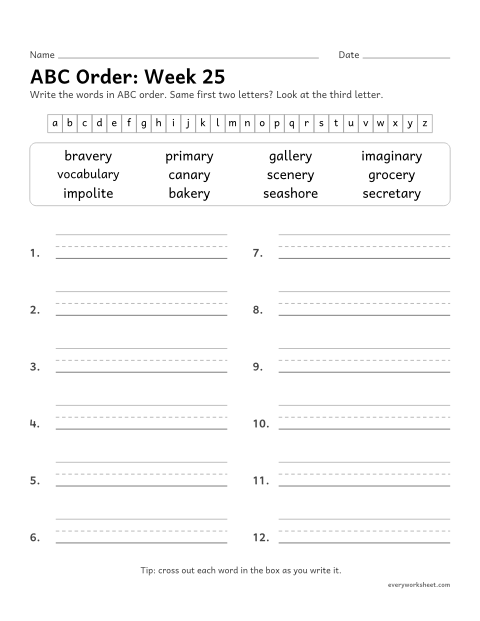 Preview of the printable “ABC Order: week 25 (Endings -ary, -ery and -ory)” worksheet: putting spelling words in ABC order to the third letter