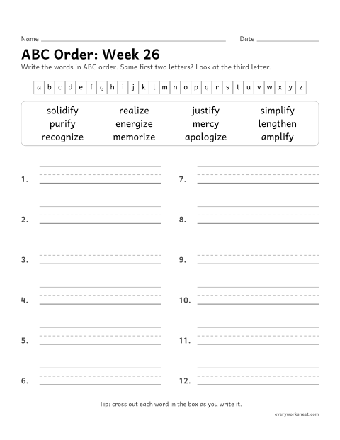 Preview of the printable “ABC Order: week 26 (Suffixes -ize, -ify and -en)” worksheet: putting spelling words in ABC order to the third letter