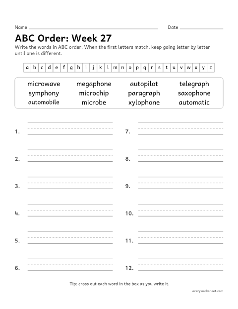 Preview of the printable “ABC Order: week 27 (Greek roots)” worksheet: putting spelling words in ABC order past the third letter